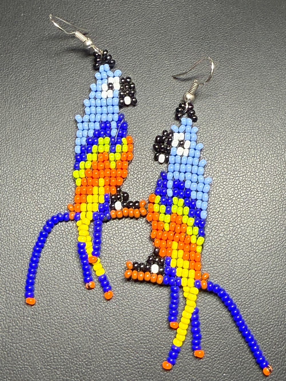 Hand Crafted Blue, Orange, Yellow Beaded Macau Earrings - Picture 2 of 4